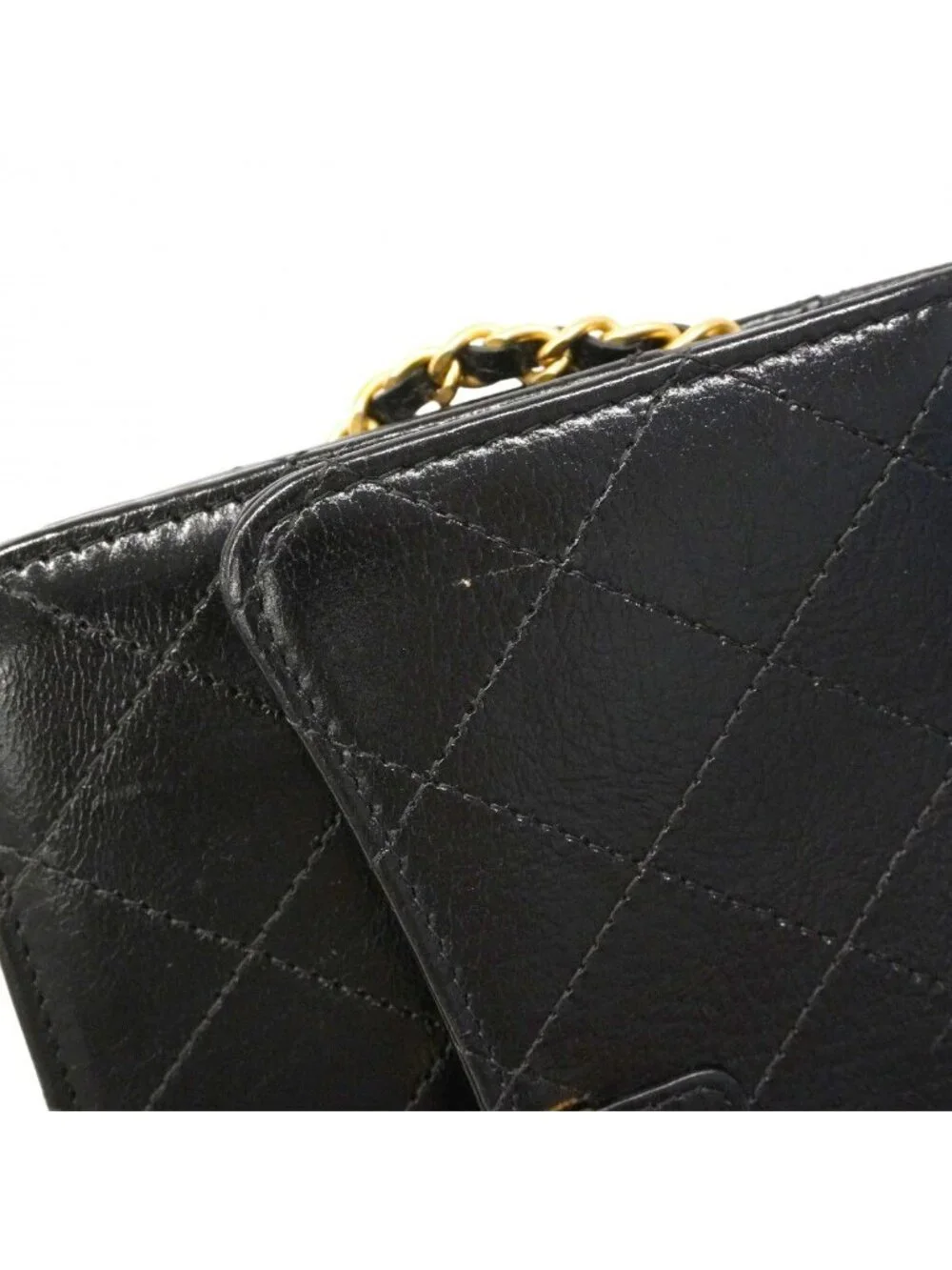 Chanel Shoulder Wallet Quilted Leather Black Champagne Gold